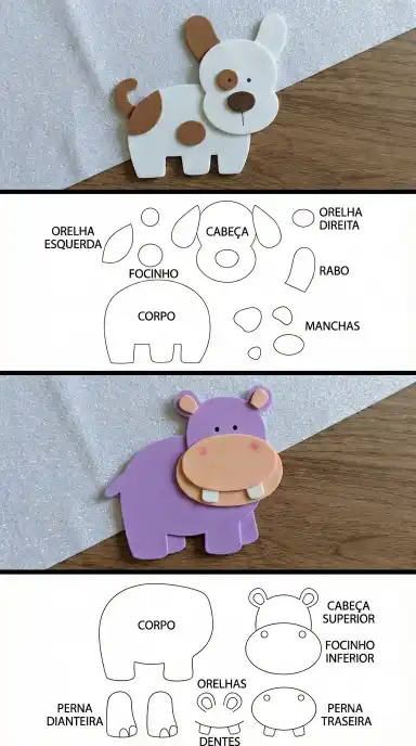 Moldes de EVA na mesa do ateliê 3